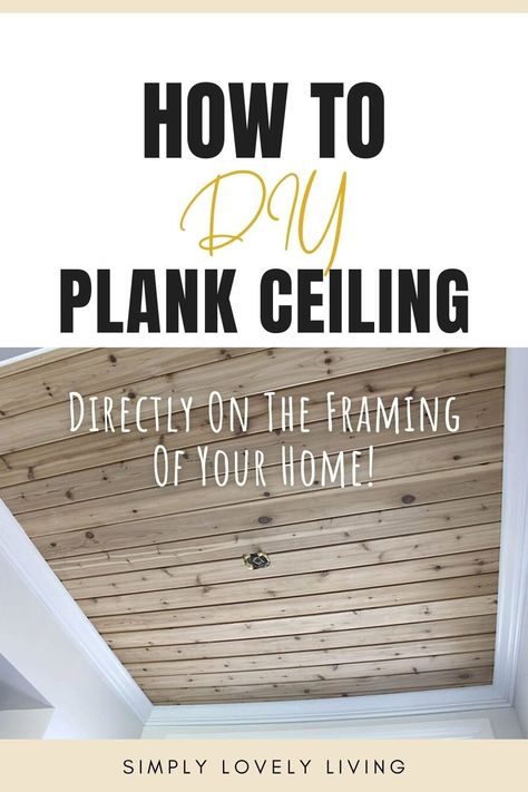 Diy Faux Wood Beams Vaulted Ceilings, Wood Ceiling Crown Molding, Crown Molding With Tongue And Groove, Ceiling Planks Diy, Modern Shiplap Ceiling, Wide Plank Ceiling, B Board Ceiling, Plank Ceiling With Crown Molding, Diy Tongue And Groove Ceiling