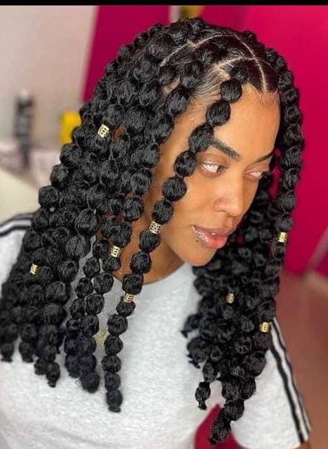 Bubble Twist Hairstyle, Natural Hair Bubble Braids, Bubble Braids Black Hair, Bubble Pigtails Black Women, Afro Bubble Braids, Bubble Braids Natural Hair, Bubble Locs, Poodle Puff Braids, Bubble Braid Hairstyles Black Women