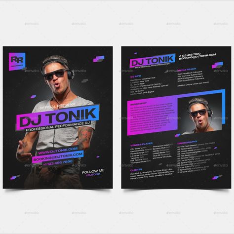 Modern DJ Press Kit and Resume Template for Event / Club Professionals Dj Press Kit, Facebook Followers, Background Images Free Download, Event Template, Graphic Arts Illustration, Template Resume, Youtube Subscribers, Press Kit, Media Kit