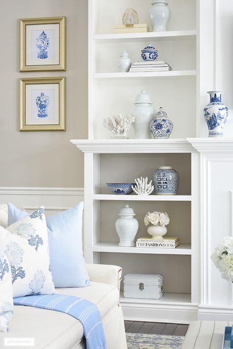 Blue And White Lounge Ideas, White Ginger Jars Decor Living Rooms, Blue Decor For Living Room, White Living Room With Blue Accents, Living Room Decor Blue And White, How To Decorate With Ginger Jars, Coastal Kitchen Ideas Hampton Style Blue And White, Blue And White Shelf Decor, Blue And White Lounge