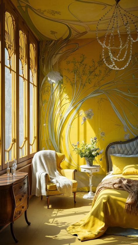 Discover a tranquil yellow wallpaper bedroom that beautifully combines Art Nouveau elegance with comfort. Intricate floral patterns flow seamlessly across the walls, while sunlight dances through ornate windows. Antique wooden furniture and a cozy vintage armchair enhance the inviting atmosphere. This harmonious space reflects early 20th-century design principles, perfect for those seeking inspiration in home decor. #InteriorDesign #ArtNouveau #HomeDecor Art Nouveau House Decor, Art Nouveau Home Interior Design, Art Noveau Interiores, Art Nouveau Bedroom Interior Design, Art Nouveau Architecture Interior, Yellow Wallpaper Bedroom, Art Nouveau Bed, Art Nouveau Window, Art Nouveau Interior Design