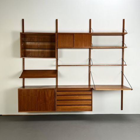 Teak shelf, wall unit royal system by Poul Cadovius for Cado, Denmark 1960s | #209703 Teak Shelf, Wall Storage Unit, Wall Shelving Units, Teak Wall, Modular Walls, Shelf Wall, Wall Systems, Wall Unit, Sliding Glass Door