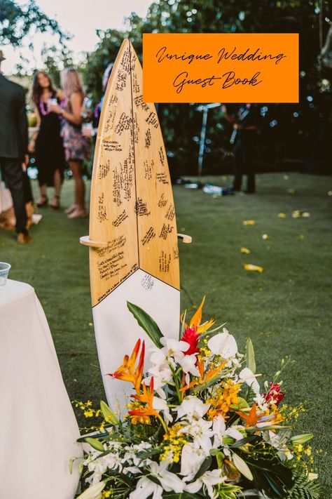 Surfboard Wedding Guest Book | Unique Guest Book Idea | Kualoa Ranch Oahu Wedding | Moli'i Gardens Reception Venue | Hawaii Wedding Photographer | Hawaii Wedding Venue | Hawaii Wedding Florals | Tropical Florals Surfboard Wedding, Guest Book Unique, Wedding Venues Hawaii, Romantic Beach Wedding, Kualoa Ranch, Tropical Florals, Garden Reception, Wedding Guest Book Unique, Unique Guest Book