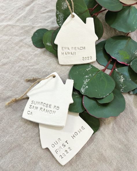 Please order early for Christmas to avoid shipping delays! Each ornament is hand made and hand stamped, so please do not anticipate machine made symmetry and perfection. In fact, we LOVE all things imperfectly perfect here, so small variances in each ornament make them full of character and uniquely charming. Please include only your street address in the personalization box. Most addresses will fit onto the ornament, but if you have a particularly long address please know that I may reach out t House Clay Ornament, Home Made Ornament, Handmade Christmas Gifts Diy Craft Ideas, House Ornaments Diy, Handmade Christmas Gifts For Friends, Ceramic Ornaments Pottery, First Apartment Ornament, Air Dry Clay Ornaments, First House Gift