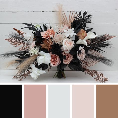 Dusty Rose Black Cinnamon White Flowers Fall Bridal Bouquet Faux Bouquet Fall Wedding Halloween Wedding Silk Flowers Boho Wedding - Etsy Canada Dusty Rose Reception Decor, Weddings With Black Color Palettes, Black And Champagne Boho Wedding, Black And Dusty Pink Wedding, Fall Wedding Black And White, Boho Black Wedding Decor, Black Fall Wedding Color Schemes, Black And Rose Wedding, Mauve And Black Wedding