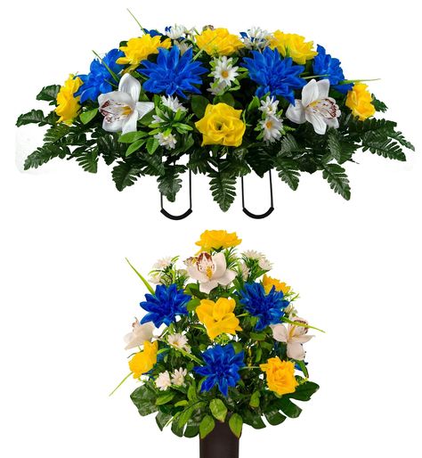 White Orchid Bouquet, Headstones Decorations, Yellow Rose Bouquet, Grave Stones, Blue Dahlia, Grave Flowers, Yellow Orchid, Cemetery Decorations, Orchid Bouquet