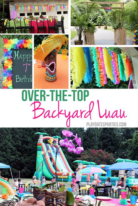 Take a look at this epic luau theme party filled with easy decor ideas that can be recreated by anyone, including a colorful grass skirt and lei garland,  seashell wind chimes, and ribbon table skirt. http://playdatesparties.com/2011/09/real-parties-amazing-backyard-luau.html Adult Luau Party, Kids Luau Parties, Luau Games, Backyard Luau, Luau Centerpieces, Luau Party Games, Kids Luau, Luau Party Ideas, Luau Party Food