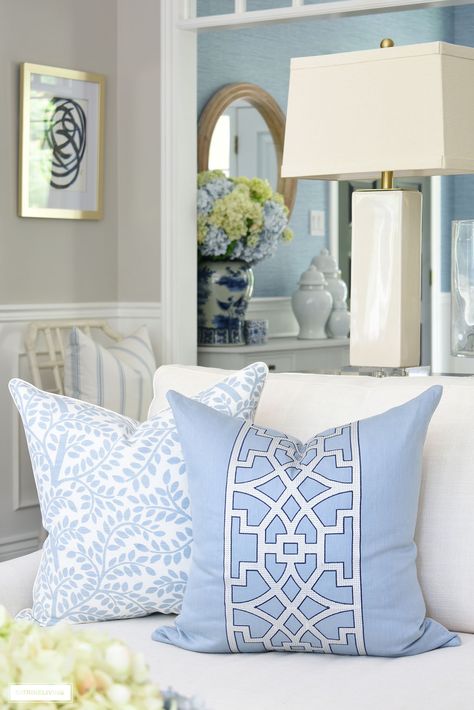 Gorgeous designer pillows in blue and white, one featuring a wide trellis detail on the front in white on a light blue ground, outlined in navy blue, while the other has a light blue allover leaf print on a white linen ground. Summer Room Decor, Coastal Pillow, Summer Living Room, Blue And White Pillows, Designer Pillows, Yellow Throw Pillows, Summer Pillows, Style Essentials, Blue Palette