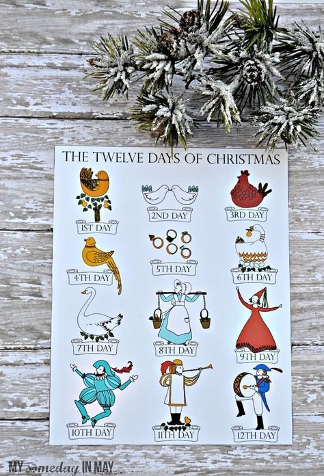 12 Days of Christmas | Free Printable - Hey!  Emmie from My Someday in May , back again with a new printable.  I'm so excited for Christmas!  I absolutely love this time of year!  We have so many special family traditions that I look forward to every December.  On Christmas morning we drink from my mom's special 12 days of Christmas cups and eat her Christmas breakfast casserole.  Those cups have become a vital part of our Christmas morning.  For this new printable, I used my mom's cups as inspi 12 Days Of Christmas Pictures Printable, 12 Days Of Christmas Pictures, 12 Days Of Christmas Graphic, 12 Days Of Christmas Printables Free, 12 Days Of Christmas Decorations, Advent Homeschool, 12days Of Christmas, Christmas Pebbles, Craft Pictures