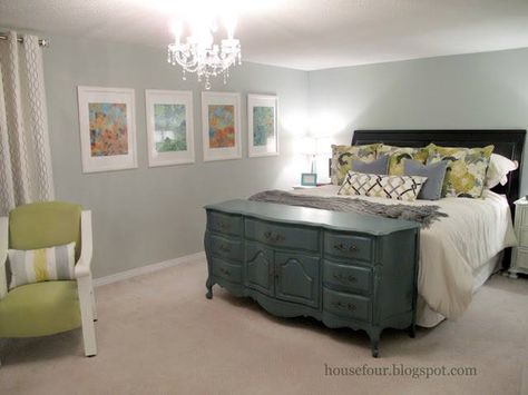 Use a dresser or storage trunk as a footboard with storage for your bed Dresser Footboard, Dresser At Foot Of Bed, Foot Of Bed, The Bedroom, Bed Room, Bedroom Makeover, Bedroom Inspirations, Cozy House, Home Bedroom