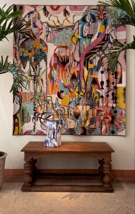 Apartment Wall Decor Ideas, Eclectic Homes, Art Placement, Apartment Wall Decor, Fiber Wall Art, Colorful Tapestry, Tapestry Art, Wall Decor Ideas, Art Table