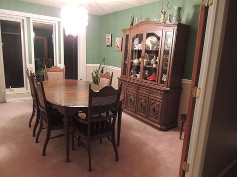 This dining set was bought by my parents in the 60's and given to me about 15 years ago. I have always disliked the dark brown but didn't know what to do with i… Dining Set Makeover, 1950s Dining Room, Dining Chair Makeover, Barnwood Floors, Dining Table Makeover, Antique Dining Chairs, Dining Room Makeover, Chair Makeover, Brown Furniture