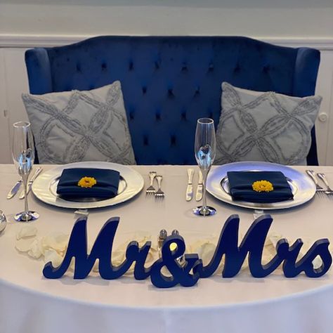 PRICES MAY VARY. Large Size Mr & Mrs Sign ❤️: "Mr" letter -10" x 5.9" x 0.7" , "&" letter : 4.3" x 4.7" x 0.7", "Mrs" letter -12.2" x 5.9" x 0.7". Sturdy Decoration ❤️: The thickness of mr. and mrs. sign is 3/4" which makes them have good fixation. The mr and mrs table decor can easily stand on the table and easily cope with indoor and outdoor party surrounding. Perfect Material ❤️: The Mr and Mrs signs are made of Eco-friendly wood material, material with refined grinding, smooth and wear resis Royal Blue And White Wedding Theme Decor, Wedding Theme Blue And Gold, Simple Blue Wedding Decor, Mr And Mrs Signs For Wedding, Navy Blue And Burnt Orange Wedding Decor, Dark Blue Wedding Decor, Navy Blue And Burgundy Wedding Theme, Navy Blue And Silver Wedding Decorations, Royal Blue And Silver Wedding Theme