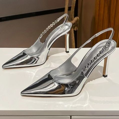 none Branded Heels, Heels Slingback, Crystal Sandals, Silver Pumps, Womens Pumps, Rhinestone Heels, Pointed Heels, Boot Pumps, Silver Heels