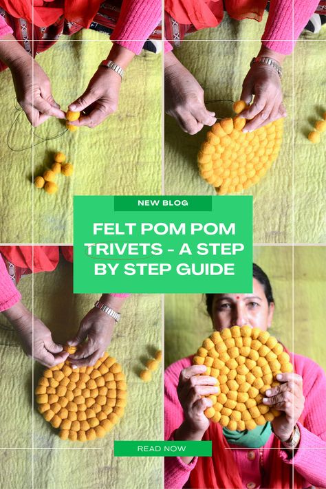 "Learn how to create your own unique felt ball trivets with our step-by-step guide! These colorful and fun trivets are perfect for protecting your surfaces and adding a pop of color to your kitchen. Follow the instructions in the post and make your own felt pom pom trivets today! #feltballtrivet #DIYtrivet #feltpompomtrivet #handmadehome #homedecor #kitchendecor" Felted Ball Trivet, Felt Pom Pom Crafts, Felt Balls Crafts, Felted Wool Trivet Diy, Felt Ball Coasters Diy, Wool Felt Coasters Diy, Felt Ball Trivet, Felt Ball Trivet Diy, Needle Felted Coasters Diy