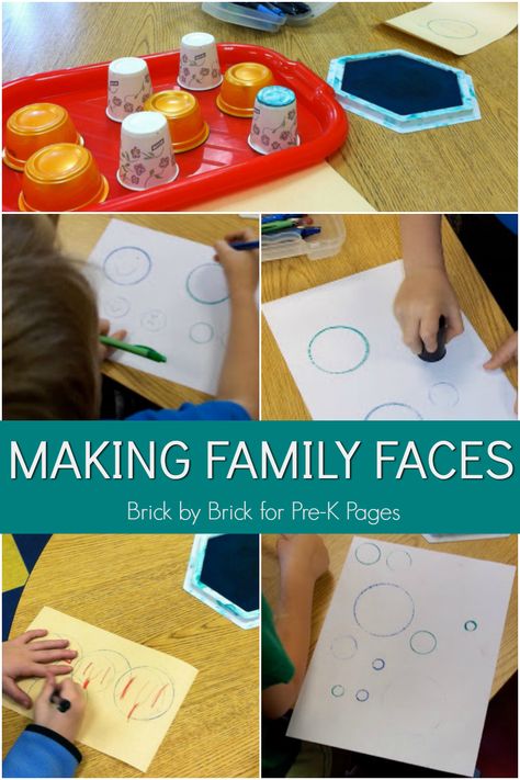 Family Faces from Stamped Circles Family Pre K Crafts, Preschool Family Theme Lesson Plans, Preschool Family Art Activities, Learning About Family Preschool, Pre K Family Theme Activities, Family Art Preschool, Family Art For Toddlers, My Family Crafts For Toddlers, Family Crafts Preschool Art Projects