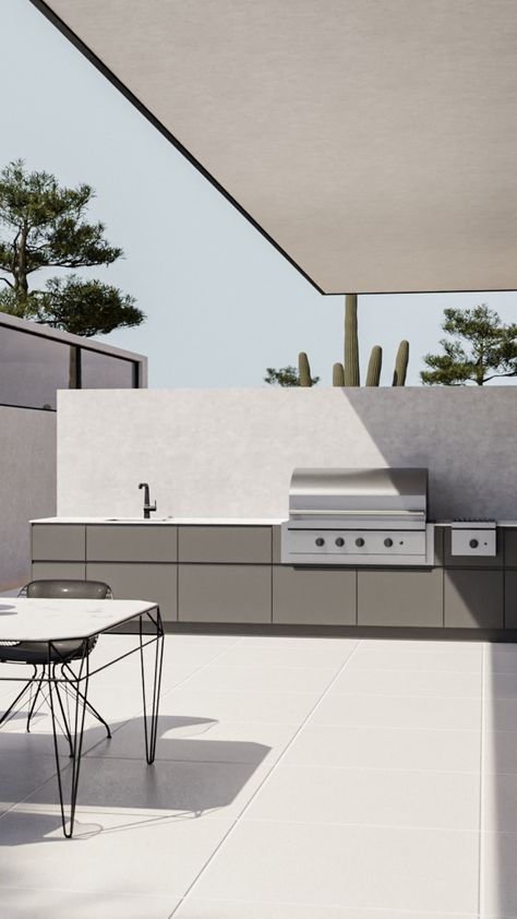 Elevate your al fresco dining with this sleek modern outdoor kitchen. Featuring a built-in stainless steel grill, minimalist cabinetry, and a chic concrete countertop, this design blends functionality with style. Parrilla Interior, Concrete Outdoor Kitchen, Outdoor Kitchen Design Modern, Outdoor Bbq Area, Outdoor Barbeque, Modern Outdoor Kitchen, Outdoor Bbq Kitchen, Patio Inspiration, Backyard Kitchen