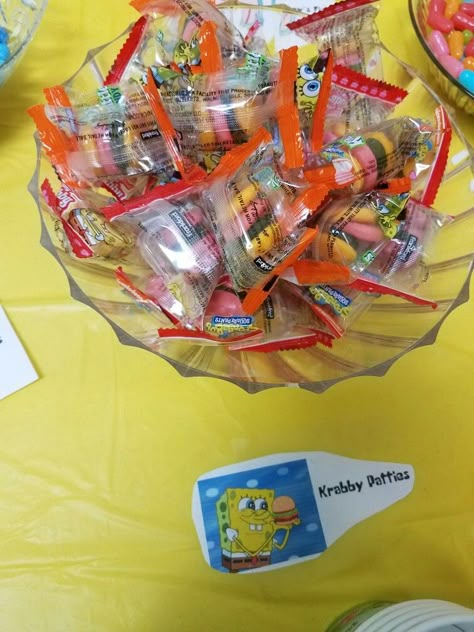 Spongebob Themed Party Favors, Sponge Bob Party Food Ideas, Spongebob Candy Table, Spongebob 24th Birthday, Spongebob Party Foods, Spongebob Games Party Birthday, Spongebob 25th Birthday Party Decor, Spongebob Theme Party 25, Spongebob Party Snacks