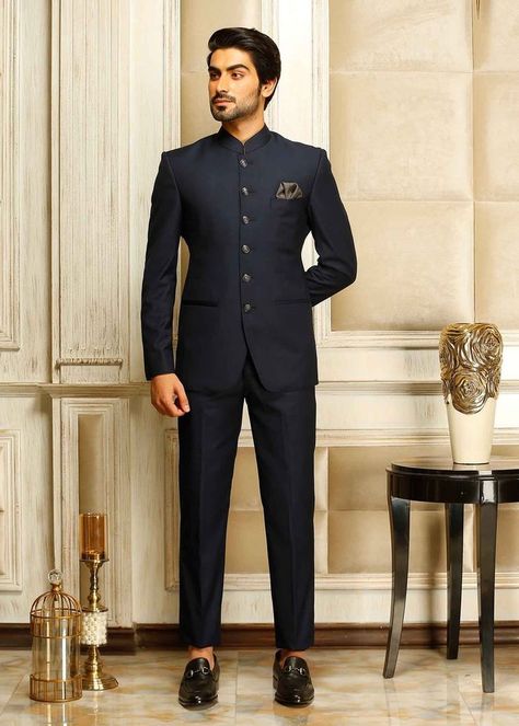 Indian Coat For Men, Groom Coat Pant Design, Navy Blue Bandhgala Suit, Jodhpuri Bandhgala Suits, Navy Blue Jodhpuri Suit Men, Bandgala Suit For Men, Jodhpuri Mens Suit, Prince Coat Design For Men, Coat Design Men Style