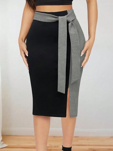 Women's Color Blocking Skirt With Knot Waist Design Black Elegant   Knitted Fabric Colorblock Pencil Medium Stretch  Women Clothing, size features are:Bust: ,Length: ,Sleeve Length: Cute Professional Outfits, Classy Skirts, Latest Dress For Women, Beautiful Bridesmaid Dresses, Women Blouses Fashion, Rock Outfit, Woman Suit Fashion, Classy Work Outfits, Women Skirts