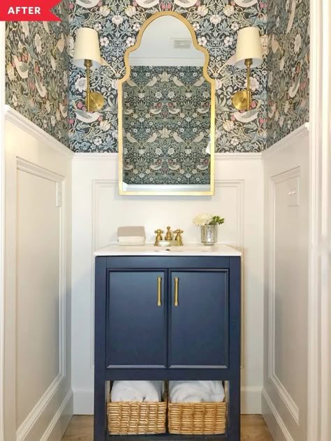 Aug 6, 2020 - A small half bathroom got a beautiful makeover thanks to some William Morris wallpaper. Half Bath Wallpaper, Small Half Bathroom, Small Half Bath, Small Bathroom Wallpaper, Half Bath Remodel, Powder Room Remodel, Powder Room Wallpaper, Powder Room Design, Downstairs Bathroom