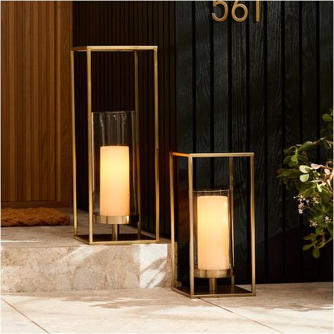 Outdoor Lighting & Light Fixtures | West Elm Floor Lanterns Decor Entryway, Outdoor Floor Lanterns, Floor Lanterns Decor, Outdoor Lanterns Patio, Floor Lanterns, Tall Lanterns, Metal Light Fixture, Spring Bedroom, Holiday Storage