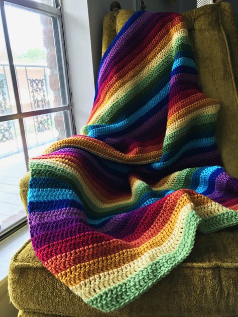 Cute Crochet Blanket Stitches, Knit Rainbow Blanket, Muted Rainbow Crochet Blanket, Crocheted Rainbow Blanket, Black And Rainbow Crochet Blanket, Rainbow Throw Blanket, Pride Blanket Knit, Rainbow Blanket Knitting Pattern, Primary Color Crochet Blanket