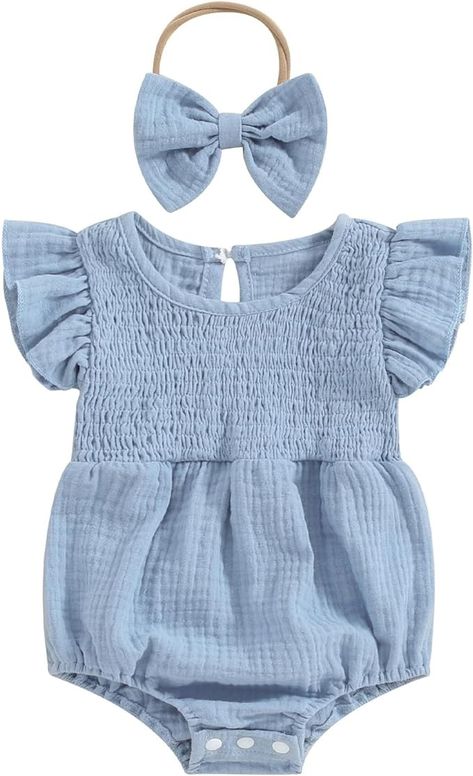 Amazon.com: Honganda Newborn Infant Baby Girl Clothes Set Ruffle Flying Sleeve Solid Smocked Bubble Romper with Bow Headband (Blue, 0-3 Months): Clothing, Shoes & Jewelry Cute Summer Clothes, Newborn Baby Girl Clothes, Infant Baby Girl, Linen Romper, Newborn Baby Girl, Romper Jumpsuit, Ruffle Romper