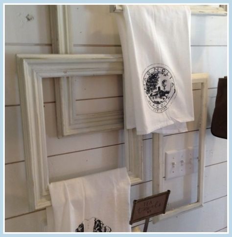 Tea Towel Display from Carley Kelley Displaying Tea Towels, Tea Towel Display Ideas, How To Display Tea Towels, Display Tea Towels, Tea Towel Display, Towel Hangers, Magnolia Fixer Upper, Fixer Upper Bathroom, Diy Towel Rack