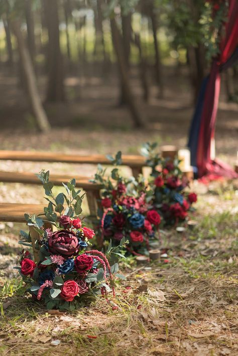 Free-Standing Flower Arrangements in Burgundy & Navy Wedding Entryway Decor, Burgundy Wedding Decorations, Navy Blue And Burgundy Wedding, Wedding Entryway, Jewel Tone Wedding Decor, Navy Blue Wedding Decorations, Jewel Tone Wedding Theme, Decor Entryway Table, Aisle Florals