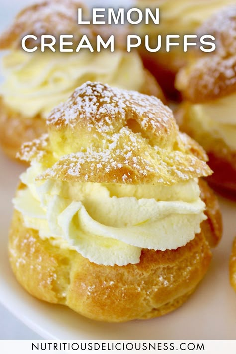 These light and fluffy Lemon Cream Puffs are made with homemade pâte à choux and filled with sweet, velvety lemon cream. They're a delicious and elegant dessert, perfect for the holidays or special occasions. Lemon Cream Puffs, Cream Puffs Recipe Easy, Homemade Cream Puffs, Puff Dessert, Nutritious Desserts, Fancy Desserts Recipes, Cream Puff Recipe, Puff Pastry Desserts, Lemon Dessert Recipes