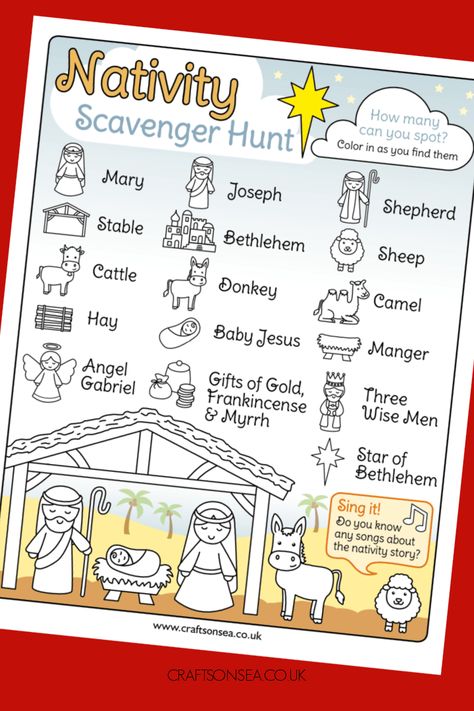 FREE Printable Nativity Scavenger Hunt Nativity Treasure Hunt For Kids, Nativity Treasure Hunt, Nativity Scavenger Hunt Printable, Jesus Is Born Activity Sunday School, Nativity Activity For Kids, Nativity Matching Game Free Printable, I Spy Nativity Printable, Nativity Games For Kids Sunday School, Mary And The Angel Craft