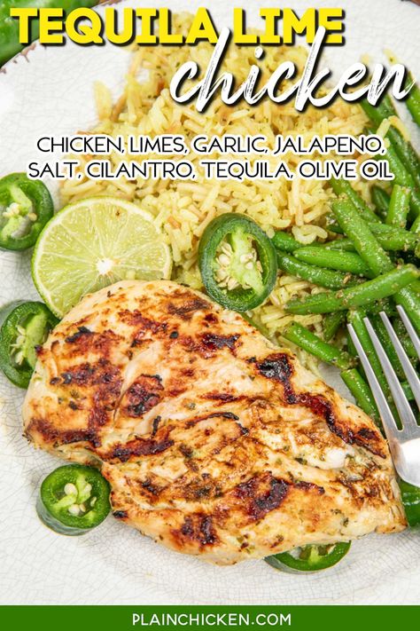 Tequila Lime Chicken Recipe - Tender chicken breasts marinated in a zesty blend of fresh lime juice, jalapenos, garlic, cilantro, tequila, and olive oil. Grilled to perfection, this dish captures all the vibrant flavors of a classic margarita in every succulent bite. Chicken Margarita Recipe, Tequila Lime Chicken Recipe, Tequila Chicken, Plain Chicken Recipe, Lime Chicken Breast, Garlic Lime Chicken, Margarita Chicken, Lime Marinade For Chicken, Bird Recipes