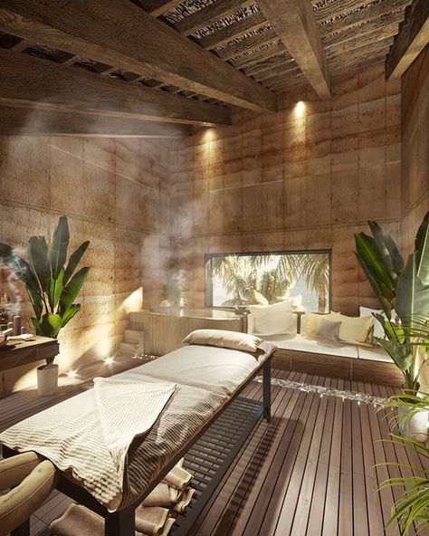 Mediterranean Spa Design, Recovery Spa Design, Tropical Spa Aesthetic, Tropical Spa Design, Indoor Spa Room Ideas, Jungle Spa Design, Spa Place Design, Spa Space Design, Wabi Sabi Spa Design