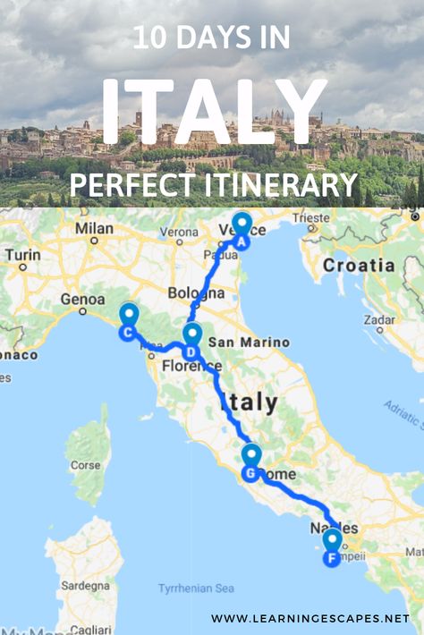 A perfect itinerary to see classic Italy in 10 days: discover how to plan each day so you can see Italy's most famous cities and landmark on you 10 day Italy vacation #italy #bucketlist #travel #Europe 10 Days Italy Itinerary, Italy In 10 Days, Italy Iterinary, 7 Day Italy Itinerary, 7 Days In Italy Itinerary, Italy Itinerary 1 Week, Italy Itinerary 10 Days, Italy Travel Map, Tuscany Vacation