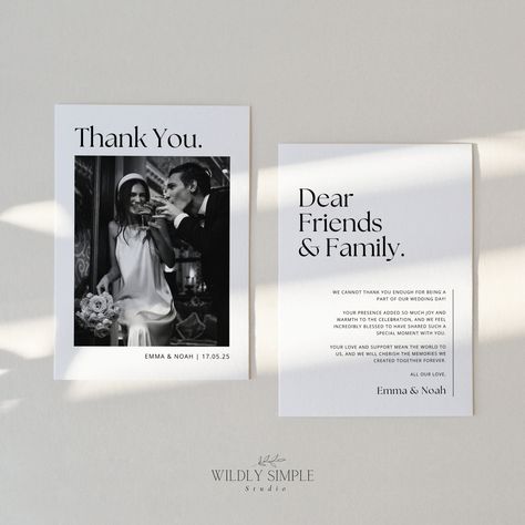 Looking for a classy and modern way to express your gratitude after the big day? Our photo thank you card is the perfect choice! This simple yet elegant card features a customizable photo, making it easy to personalise for your guests. With its modern minimalist design and instant download option, you can easily create your own custom wedding stationary in no time. Impress your guests with a chic and stylish note that they will cherish. Say "thank you" in a memorable way with our editable Canva Wedding Day Thank You Cards, Thank You Guests Wedding Note, Guest Cards Wedding, Thank You Wedding, Wedding Thank You Notes, Thank You Wedding Cards, Thank You Card Wedding, Thank You Cards Wedding, Wedding Card With Photo