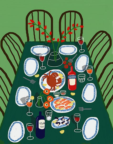 seafood, crab, shrimps, oyster, table, painting, poster, print Dinner Table Watercolor, Dinner Illustration Table, Table Setting Illustration, Dinner Party Poster, Dinner Party Drawing, Table Illustration Art, Dinner Table Painting, Dining Table Illustration, Party Illustration Art