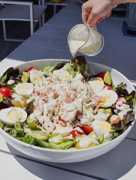 Duryea's Lobster Cobb Salad Recipe (Pescetarian version) Pappadeaux Seafood Cobb Salad, Crab Cobb Salad, Cold Lobster Recipes, Lobster Salad Recipes, Salad With Seafood, Lobster Cobb Salad, Cobb Salad Dressing, Pappadeaux Seafood, Seafood Salads