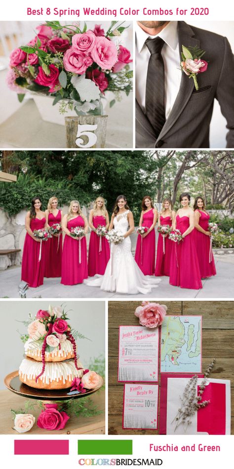 Best 8 Spring Wedding Color Combos for 2020- Fuschia + Green. #colsbm #weddings #weddingideas #bridesmaiddresses #springwedding #fuschiawedding b1428 Fuschia Bridesmaid Dresses, Fuschia Wedding, Raspberry Wedding, Spring Wedding Color Palette, Grey Lilac, Hot Pink Weddings, Wedding Color Combos, Wedding Colour, Spring Wedding Colors