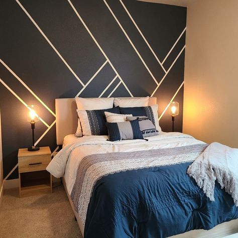 Simple accent wall using painters tape. Black Electrical Tape Accent Wall, Accent Wall Mens Bedroom, Grey Bedroom Decor Accent Wall, Wall Paint With Tape Design, Grey With Accent Wall, Masking Tape Accent Wall, Accent Wall Tape Designs Bedroom, Tape Painting Ideas Wall Decor, Unique Accent Wall Ideas Bedroom Paint