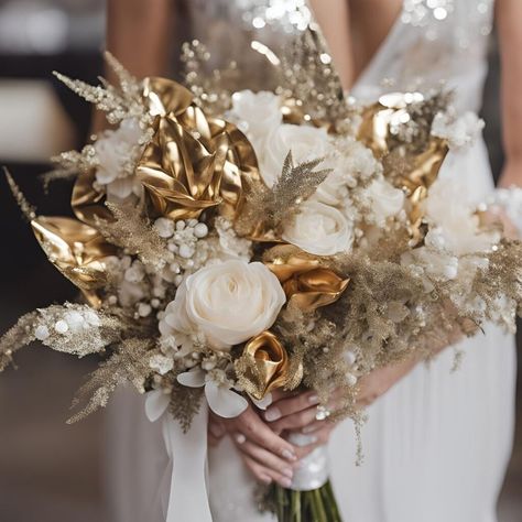 Gold And Silver Bouquet, Gold Wedding Bouquet Ideas, New Years Wedding Bouquet, White Gold And Champagne Wedding, New Year’s Eve Wedding Bouquet, New Years Eve Wedding Bouquet, White And Gold Bouquet, New Year’s Eve Wedding, White Gold Bouquet