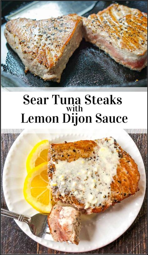 This pepper tuna steak recipe is simple but elegant. Meaty and tender these tuna steaks taste even better with the simple lemon dijon cream sauce for only 2.9g net carbs. Best of all you can make this easy low carb fish dinner in just 15 minutes! Ahi Tuna Steak Recipe Fully Cooked, Crusted Tuna Steak Recipes, Mediterranean Ahi Tuna Recipe, Best Tuna Steak Recipes, Tuna Steak Marinade Easy, Tuna Sauce Recipe, Sauce For Tuna Steak, Lemon Dijon Sauce, Tuna Steak Marinade