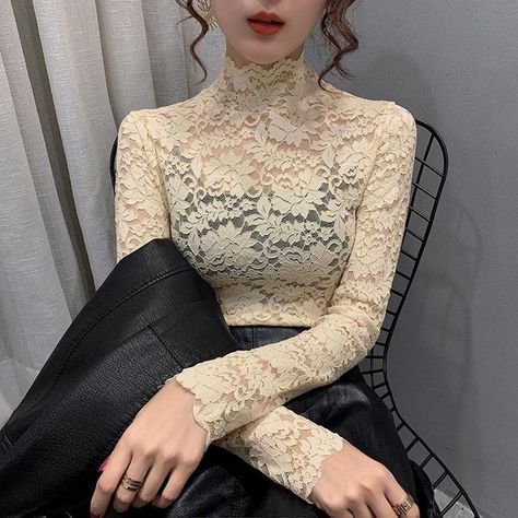 Women's Lace Turtleneck Grenadine Tight Lace Shirt Sexy Top Blusas Ropa De Mujer _ - AliExpress Mobile Layer Shirt, Look Rose, Trendy Blouses, Lace Decor, Peasant Style, Velvet Lace, Mesh Long Sleeve, Lace Fashion, Solid Clothes