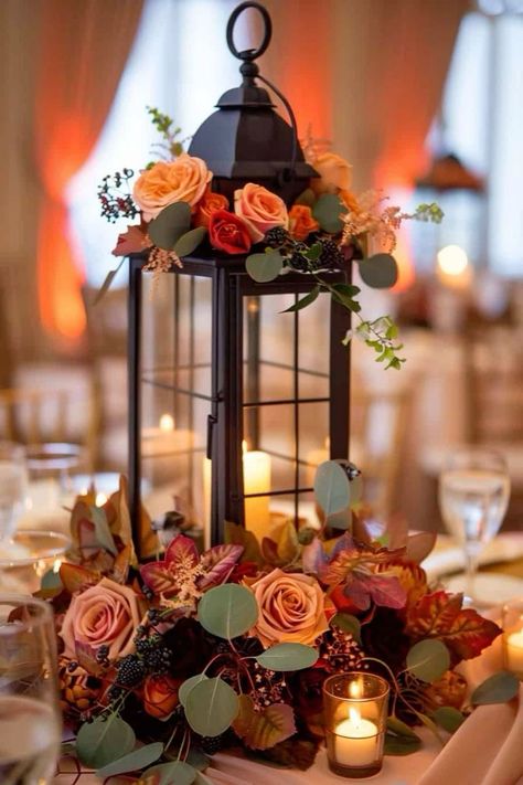 Lantern Fall Centerpieces, Fall Wedding Ideas Centerpieces, Lanterns For Wedding Centerpieces, Fall Floral Wedding Arrangements, Rustic Flower Centerpieces, Fall Wedding Lantern Centerpieces, Fall Wedding Centerpieces Candles, Fall Theme Quinceanera, Lantern Centerpieces Fall Wedding