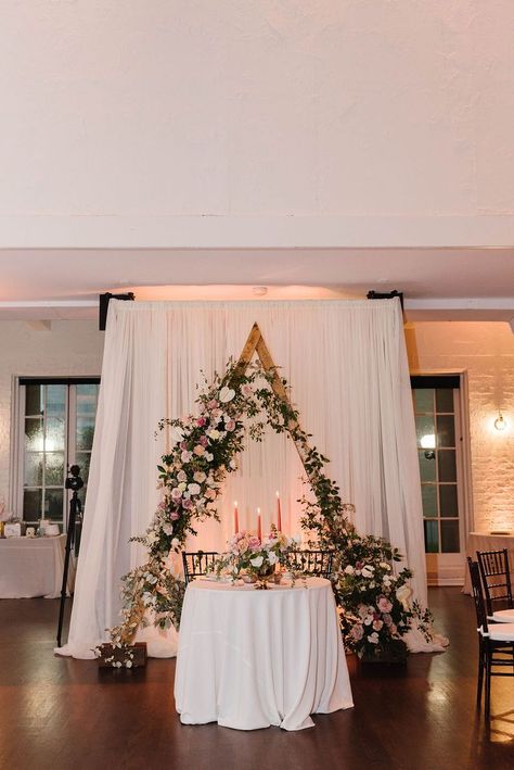 Triangle Arch Behind Sweetheart Table, Triangle Arch Wedding Flowers, Triangle Arch Decor, Triangle Arch Flowers, Sweetheart Table Arch, Triangle Arch Wedding, Wedding Table Backdrop Ideas, Triangle Backdrop, Switzer Farm