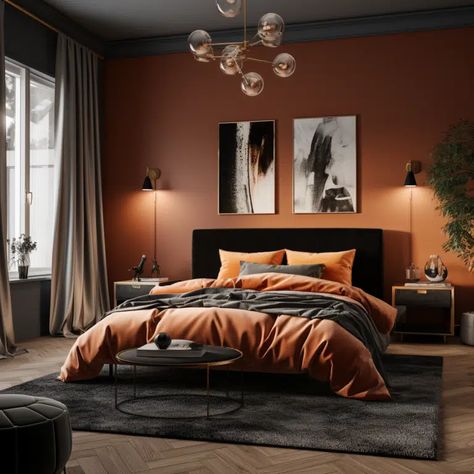 20 Black And Rust Bedroom Ideas - HearthandPetals Rust Bedroom Ideas, Rust Bedroom, Burnt Orange Bedroom, Warm Bedroom Colors, Guest Bedroom Office, Copper Bedroom, Bedroom Inspiration Cozy, Simple Bed Designs, Orange Rooms