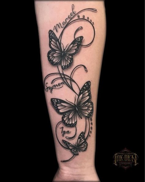 Butterfly Leg Tattoos, Butterfly Name Tattoo, Unique Butterfly Tattoos, Tattoos With Kids Names, Tattoo Quotes For Women, Butterfly Tattoos For Women, Forearm Tattoo Women, Dope Tattoos For Women, Shoulder Tattoos For Women