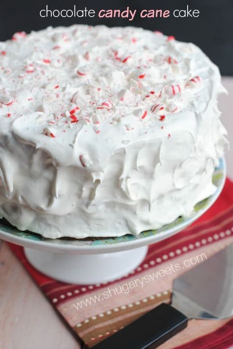 Chocolate Candy Cane Cake - Shugary Sweets Candy Cane Cake Recipe, Candy Cane Cake, Chocolate Peppermint Cake, Peppermint Cake, Xmas Baking, Christmas Yummies, Shugary Sweets, Idea Room, Rich Chocolate Cake