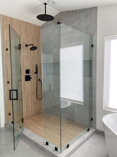 Wood Grain Tile Bathroom Floor, Modern Wood Tile Bathroom, Wood Looking Tile Bathroom, Wood Grain Shower Tile, Wood Look Tile Shower Walls Bathroom, Ribbon Maple Tile Bathroom, Wood Slat Tile Bathroom, Wood Tile Shower Floor, Kenridge Ribbon Maple Tile