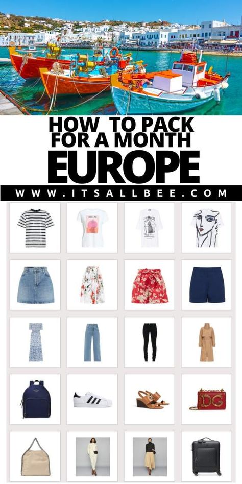 What To Pack For A Month In Europe, Month Long Trip Packing List, Packing For A Month In Europe, Europe Packing List Summer 3 Weeks, Packing For 3 Weeks In Europe Summer, Europe Summer Outfits Travel Packing, How To Pack For A Month Long Trip, Packing For One Month, What To Wear To Europe In The Summer